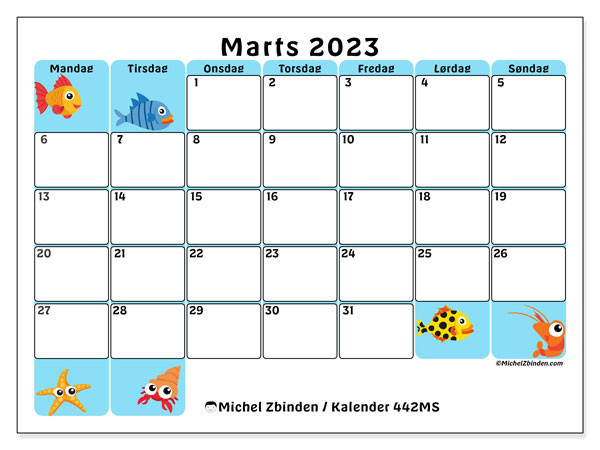 Kalender til udskrivning, marts 2023, 442MS