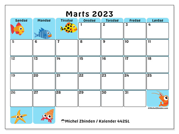 Kalender til udskrivning, marts 2023, 442SL