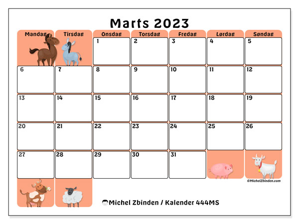 Kalender til udskrivning, marts 2023, 444MS