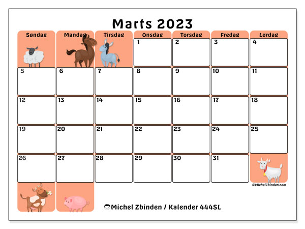 Kalender til udskrivning, marts 2023, 444SL