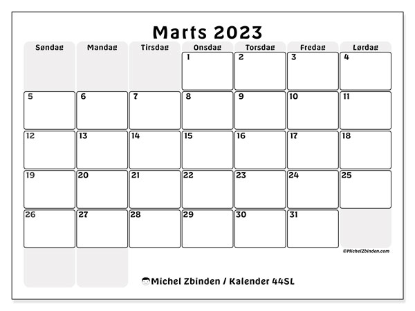 Kalender til udskrivning, marts 2023, 44SL