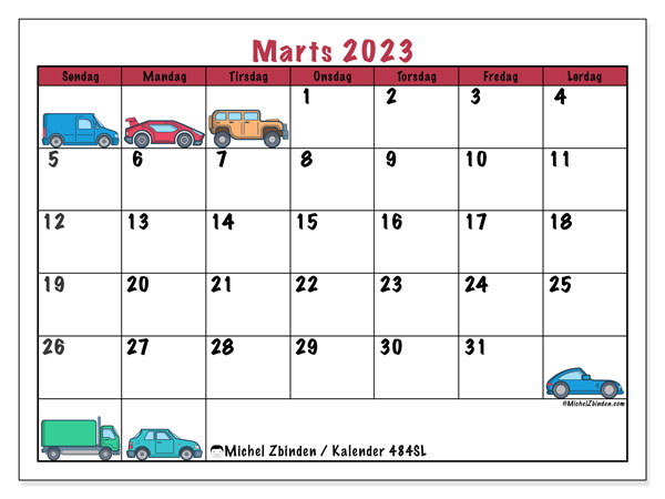 Kalender marts 2023 “484”. Gratis kalender til print.. Søndag til lørdag