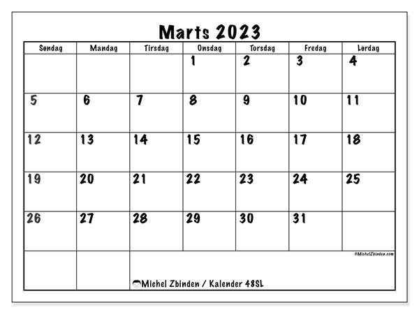 Kalender til udskrivning, marts 2023, 48SL