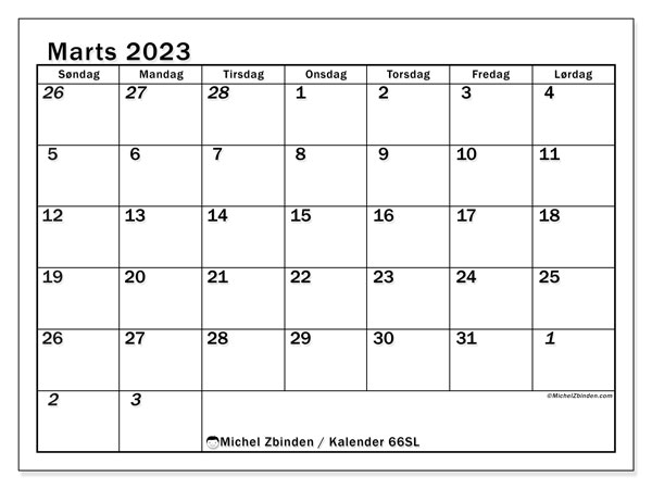 Kalender til udskrivning, marts 2023, 501SL