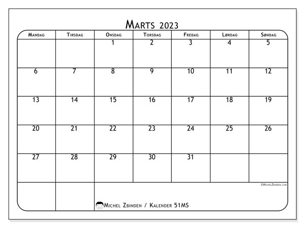 Kalender til udskrivning, marts 2023, 51MS