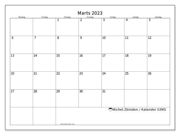Kalender til udskrivning, marts 2023, 53MS