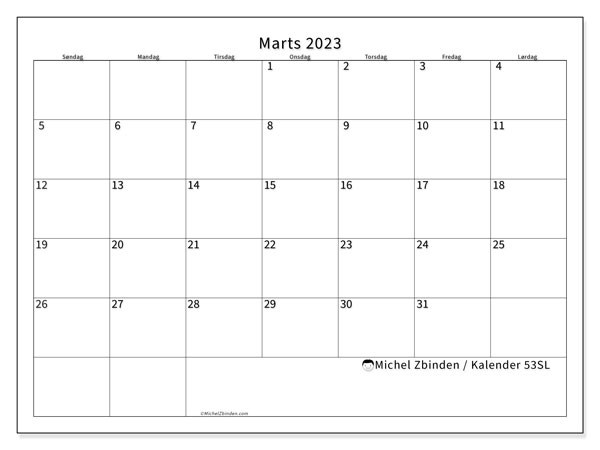 Kalender til udskrivning, marts 2023, 53SL