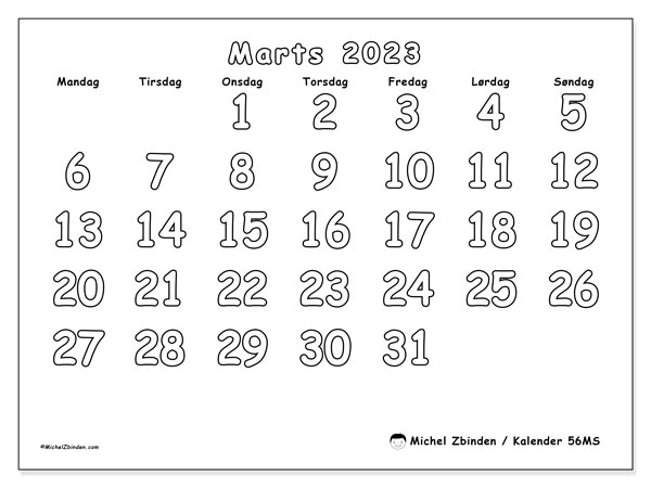 Kalender til udskrivning, marts 2023, 56MS
