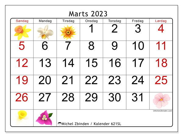 Kalender til udskrivning, marts 2023, 621SL