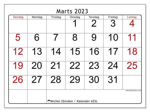 Kalender til udskrivning, marts 2023, 62SL
