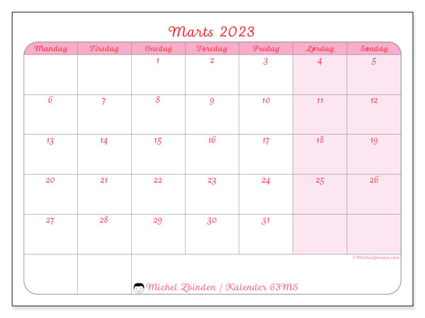 Kalender til udskrivning, marts 2023, 63MS