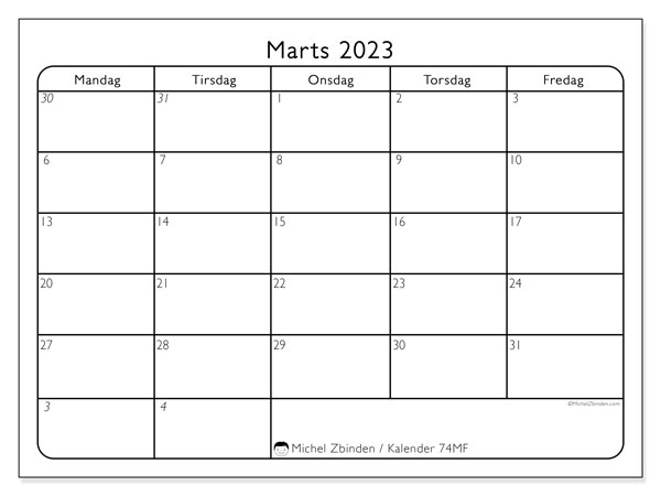 Kalender til udskrivning, marts 2023, 74MS
