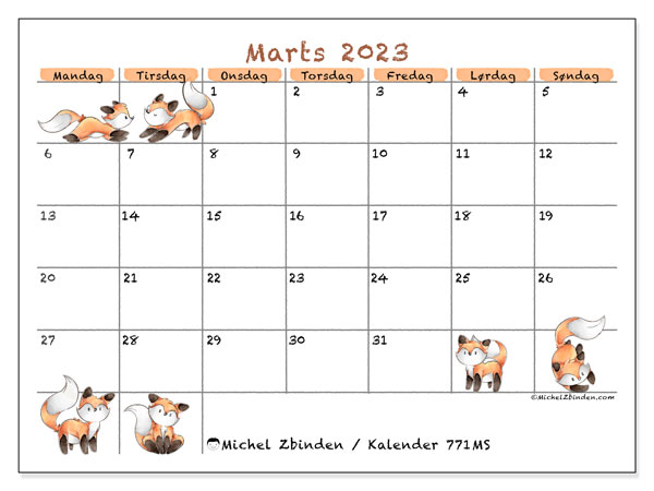 Kalender til udskrivning, marts 2023, 771MS