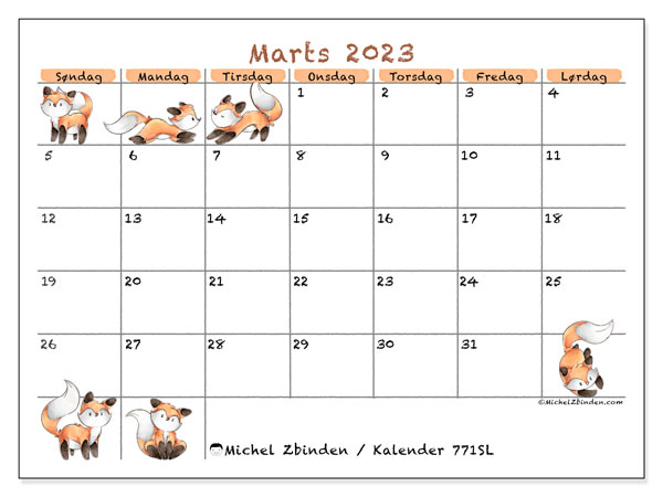 Kalender til udskrivning, marts 2023, 771SL