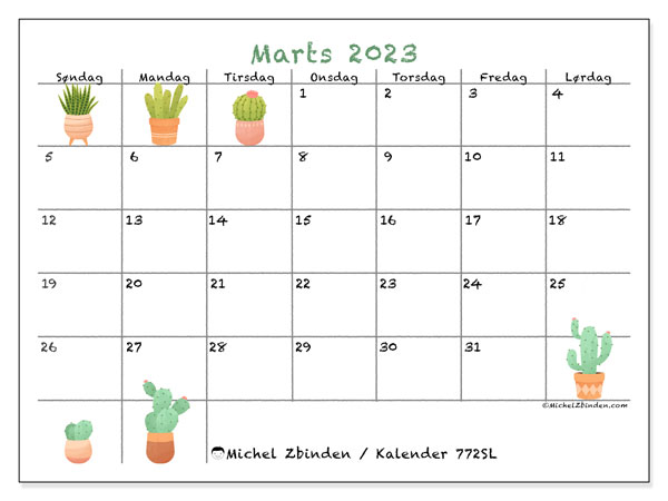 Kalender til udskrivning, marts 2023, 772SL