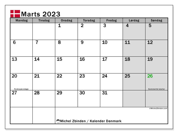 Kalender til udskrivning, marts 2023, Danmark