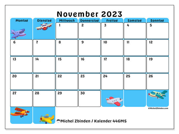 Kalender november 2023, 446MS. Gratis plan til print.