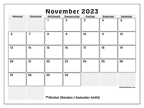 Kalender november 2023, 44MS. Gratis plan til print.