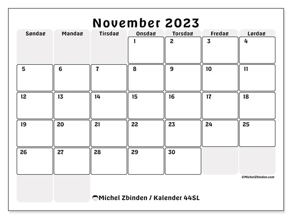 Kalender november 2023 “44”. Gratis kalender til print.. Søndag til lørdag