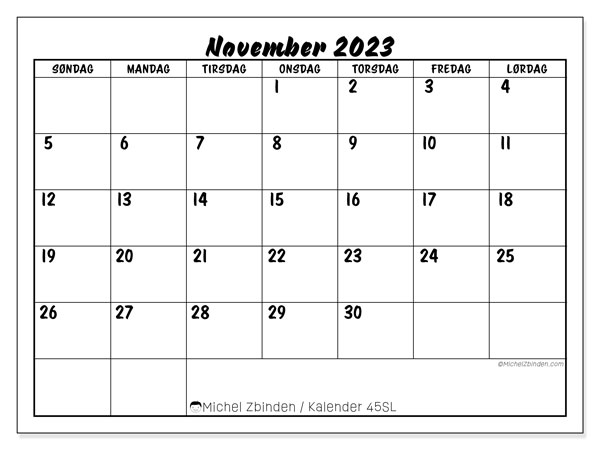 Kalender november 2023, 45SL. Gratis plan til print.