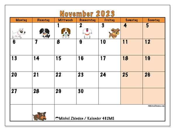 Kalender november 2023 “482”. Gratis kalender til print.. Mandag til søndag