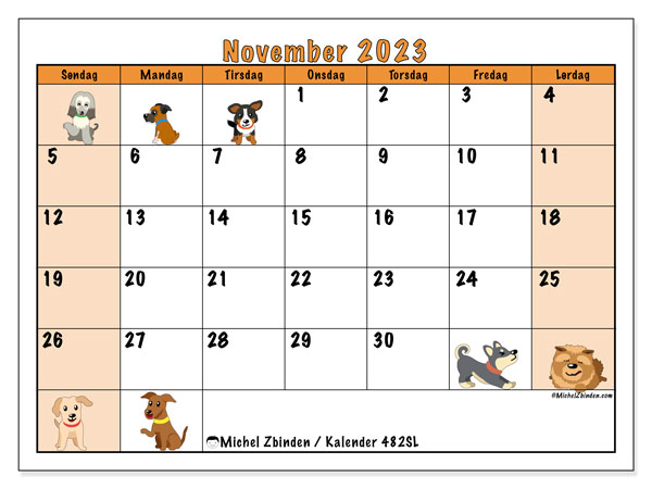 Kalender november 2023 “482”. Gratis kalender til print.. Søndag til lørdag