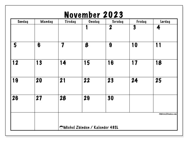 Kalender til udskrivning, november 2023, 48SL