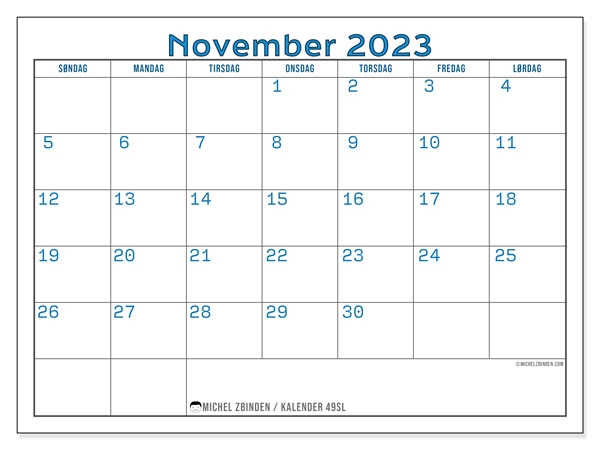 Kalender til udskrivning, november 2023, 49SL