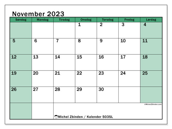 Kalender november 2023 “503”. Gratis kalender til print.. Søndag til lørdag