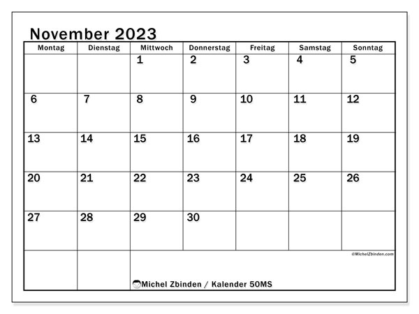 Kalender november 2023, 50MS. Gratis plan til print.