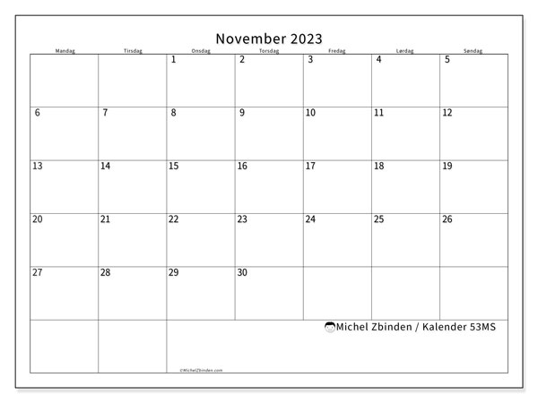 Kalender november 2023 “53”. Gratis plan til print.. Mandag til søndag