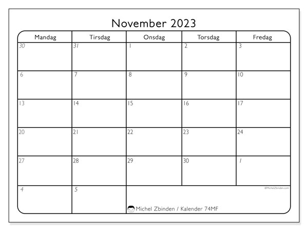 Kalender november 2023, 74MS. Gratis plan til print.