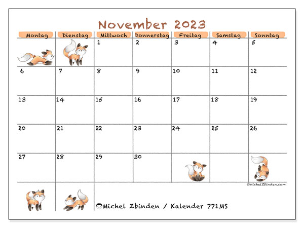 Kalender november 2023, 771MS. Gratis plan til print.