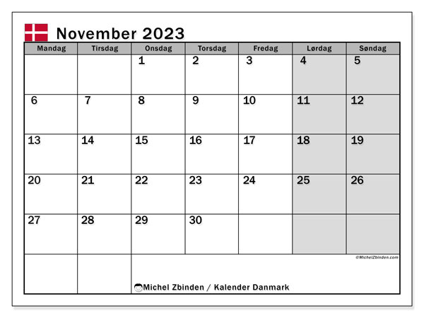 Calendario novembre 2023, Danimarca (DA). Piano da stampare gratuito.