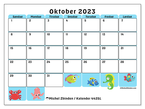Kalender oktober 2023 “442”. Gratis program til print.. Søndag til lørdag