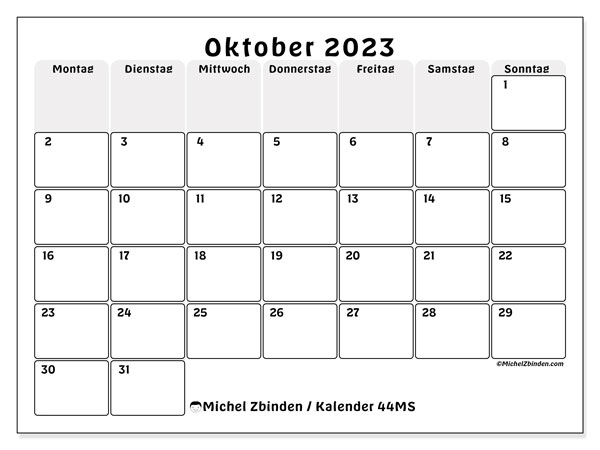 Kalender oktober 2023, 44MS. Gratis program til print.