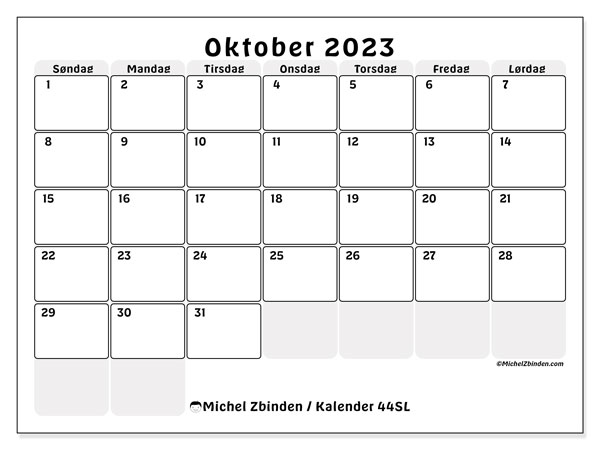 Kalender oktober 2023, 44SL. Gratis program til print.