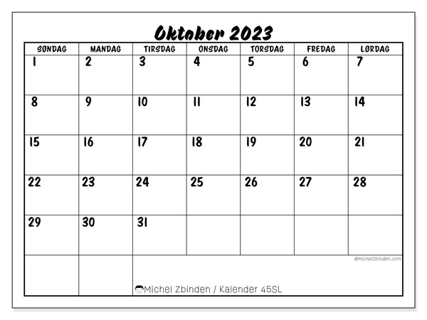 Kalender oktober 2023, 45SL. Gratis program til print.