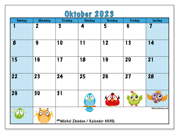 Kalender oktober 2023 “483”. Gratis program til print.. Søndag til lørdag