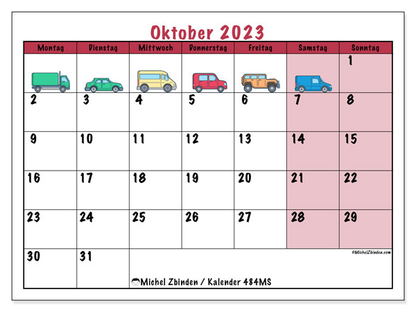Kalender oktober 2023 “484”. Gratis kalender til print.. Mandag til søndag