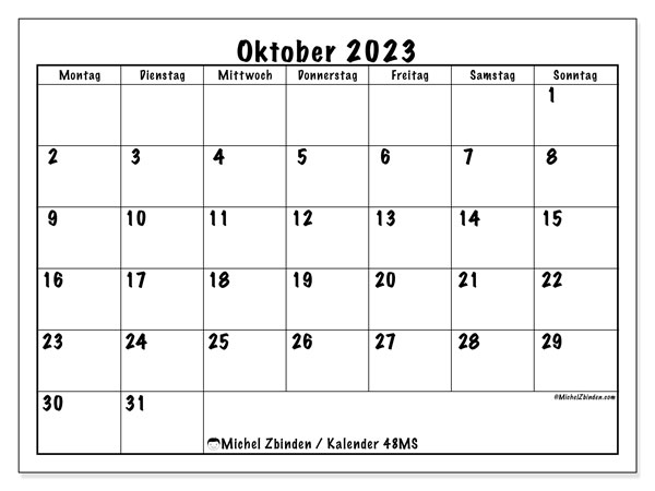 Kalender oktober 2023 “48”. Gratis plan til print.. Mandag til søndag
