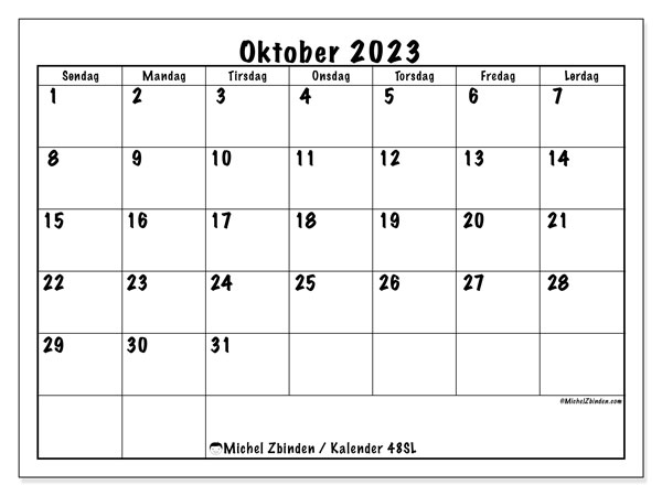 Kalender oktober 2023 “48”. Gratis plan til print.. Søndag til lørdag