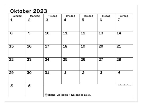 Kalender oktober 2023 “501”. Gratis program til print.. Søndag til lørdag