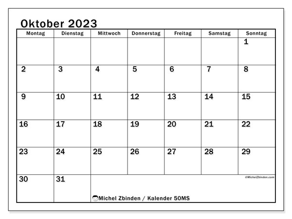 Kalender oktober 2023 “50”. Gratis program til print.. Mandag til søndag