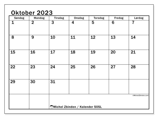 Kalender oktober 2023 “50”. Gratis program til print.. Søndag til lørdag