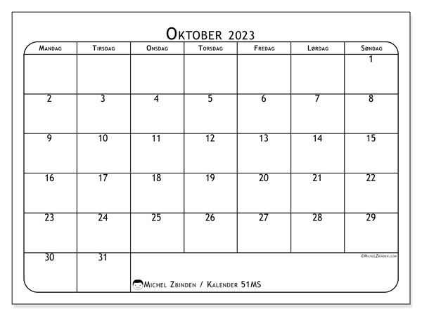 Kalender oktober 2023 “51”. Gratis program til print.. Mandag til søndag