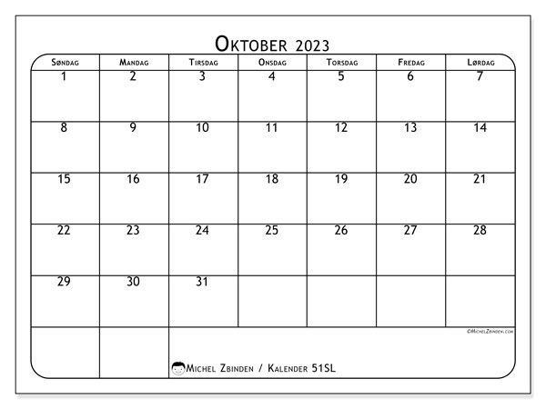 Kalender oktober 2023 “51”. Gratis program til print.. Søndag til lørdag