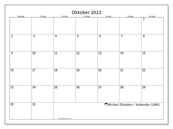 Kalender oktober 2023, 53MS. Gratis program til print.