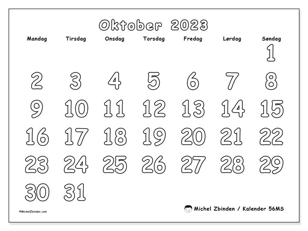 56MS, kalender oktober 2023, til gratis udskrivning.