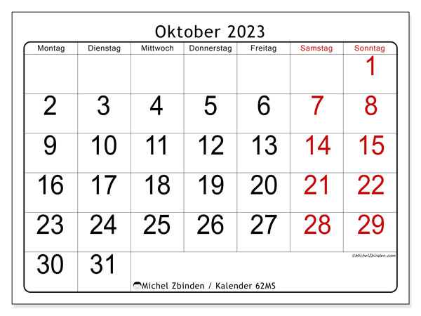 Kalender til udskrivning, oktober 2023, 62MS